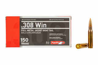 Aguila 308 Winchester 150 grain ammo features a full metal jacket boat tail bullet